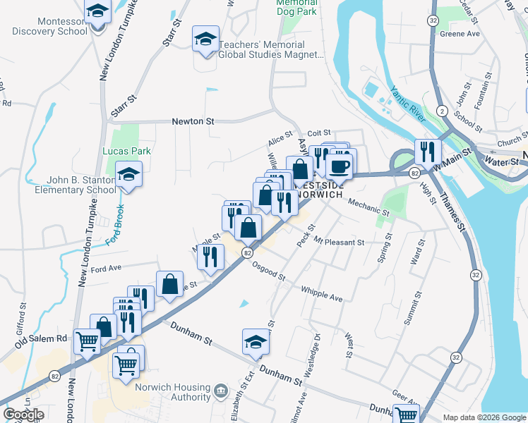 map of restaurants, bars, coffee shops, grocery stores, and more near 124 Maple Street in Norwich