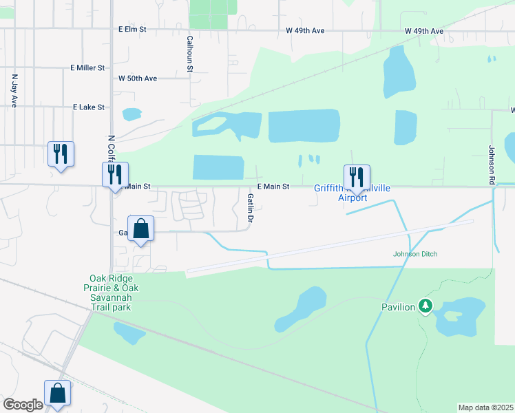 map of restaurants, bars, coffee shops, grocery stores, and more near 131 Gatlin Drive in Griffith