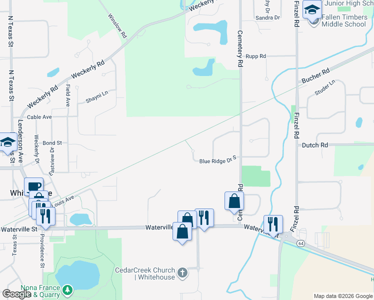 map of restaurants, bars, coffee shops, grocery stores, and more near 10373 Blue Ridge Drive South in Whitehouse