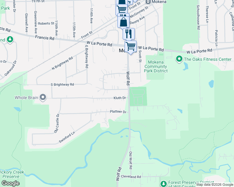 map of restaurants, bars, coffee shops, grocery stores, and more near 11252 Kluth Drive in Mokena