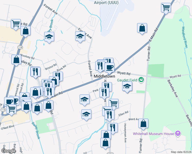 map of restaurants, bars, coffee shops, grocery stores, and more near 470 East Main Road in Middletown