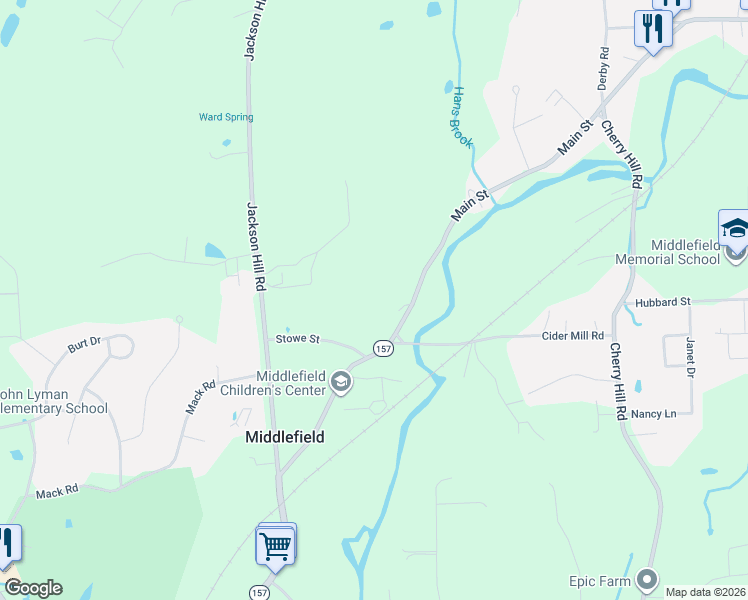 map of restaurants, bars, coffee shops, grocery stores, and more near 345 Main Street in Middlefield