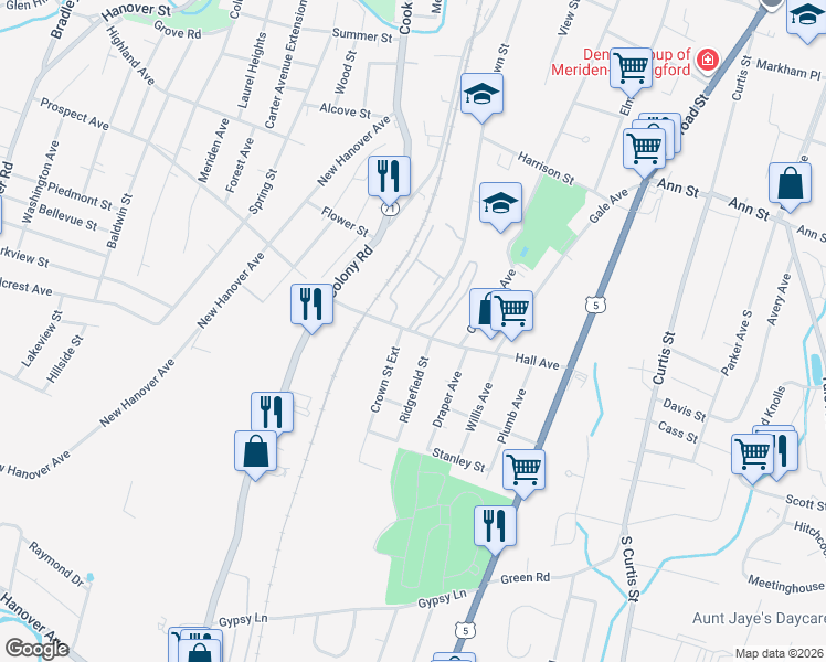 map of restaurants, bars, coffee shops, grocery stores, and more near 87 Hall Avenue in Meriden