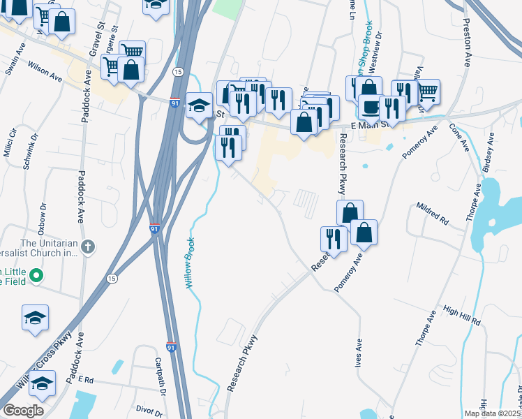 map of restaurants, bars, coffee shops, grocery stores, and more near 173 Pomeroy Avenue in Meriden