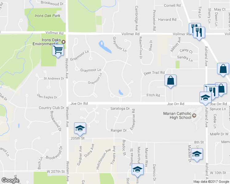 map of restaurants, bars, coffee shops, grocery stores, and more near 52 Graymoor Lane in Olympia Fields