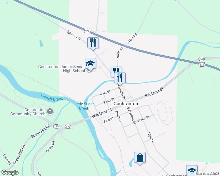map of restaurants, bars, coffee shops, grocery stores, and more near 101-129 River St in Cochranton