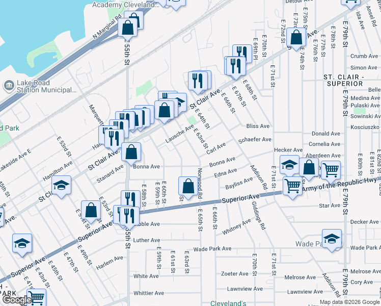 map of restaurants, bars, coffee shops, grocery stores, and more near 1180 Norwood Road in Cleveland