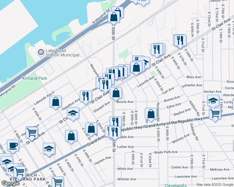 map of restaurants, bars, coffee shops, grocery stores, and more near 1172 East 58th Street in Cleveland