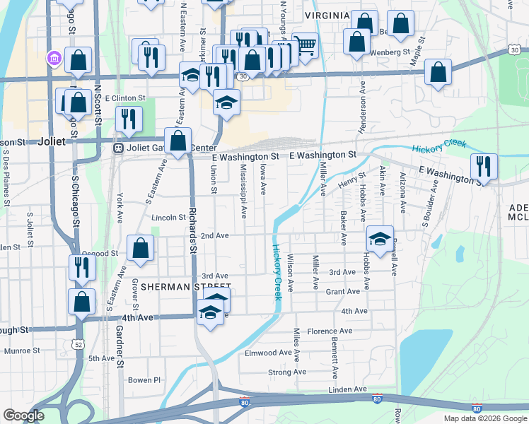 map of restaurants, bars, coffee shops, grocery stores, and more near Iowa Avenue in Joliet