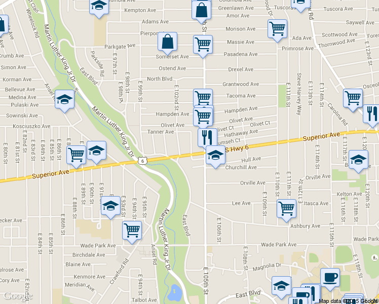 map of restaurants, bars, coffee shops, grocery stores, and more near 10217 Superior Avenue in Cleveland