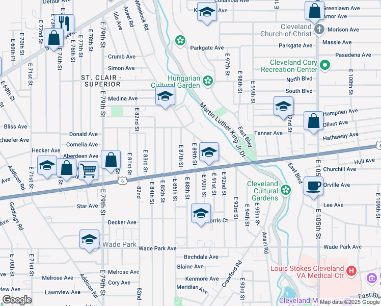 map of restaurants, bars, coffee shops, grocery stores, and more near 1267 East 89th Street in Cleveland