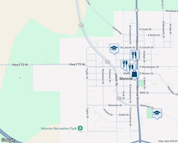 map of restaurants, bars, coffee shops, grocery stores, and more near 107 Taylor Street in Monroe