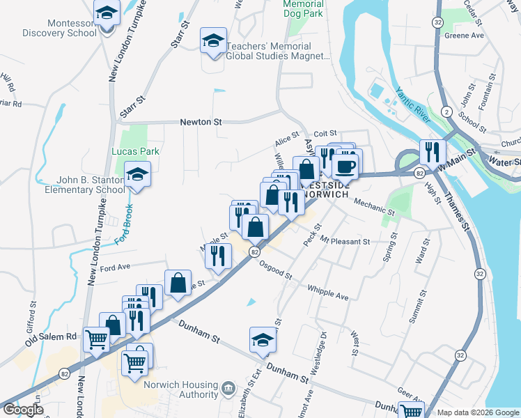 map of restaurants, bars, coffee shops, grocery stores, and more near 124 Maple Street in Norwich