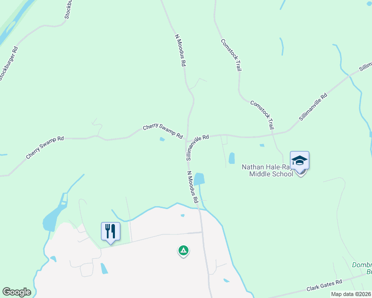 map of restaurants, bars, coffee shops, grocery stores, and more near 136 North Moodus Road in East Haddam