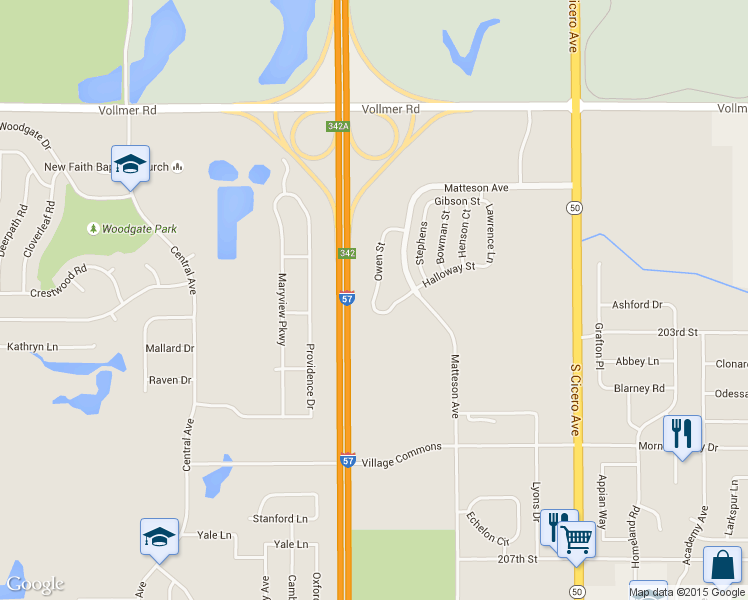 map of restaurants, bars, coffee shops, grocery stores, and more near 233 Owen Street in Matteson