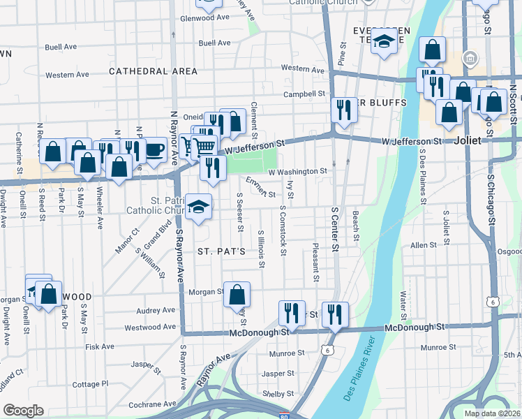 map of restaurants, bars, coffee shops, grocery stores, and more near 2 South Illinois Street in Joliet