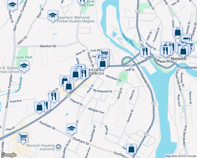 map of restaurants, bars, coffee shops, grocery stores, and more near 39 Elizabeth Street in Norwich