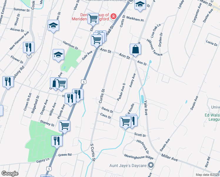 map of restaurants, bars, coffee shops, grocery stores, and more near 6 Brookdale Road in Meriden