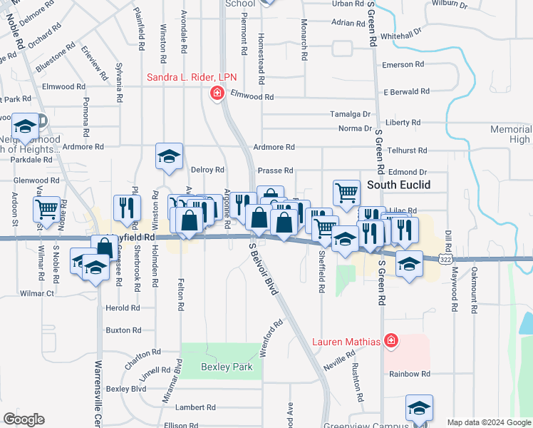 map of restaurants, bars, coffee shops, grocery stores, and more near in South Euclid