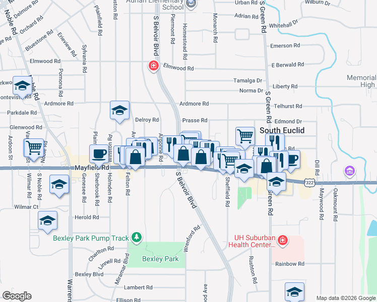 map of restaurants, bars, coffee shops, grocery stores, and more near 4263 Mayfield Road in South Euclid