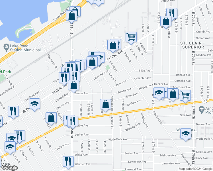 map of restaurants, bars, coffee shops, grocery stores, and more near 1180 Norwood Road in Cleveland