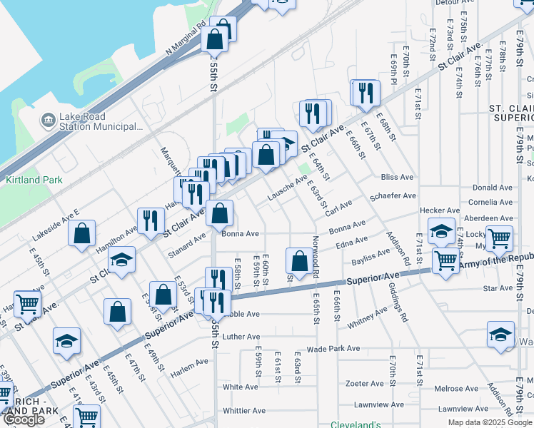 map of restaurants, bars, coffee shops, grocery stores, and more near 1170 East 60th Street in Cleveland