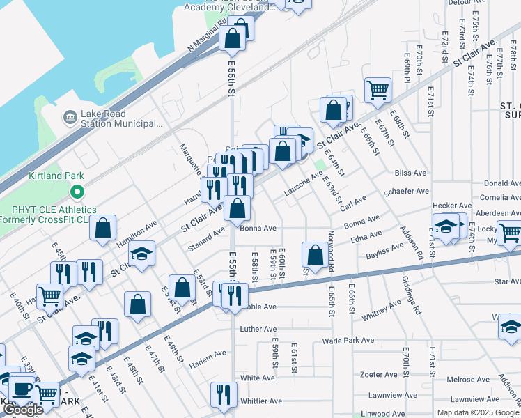 map of restaurants, bars, coffee shops, grocery stores, and more near 1170 East 60th Street in Cleveland