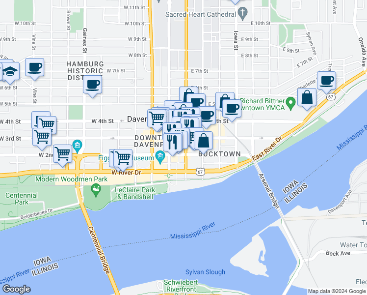 map of restaurants, bars, coffee shops, grocery stores, and more near in Davenport