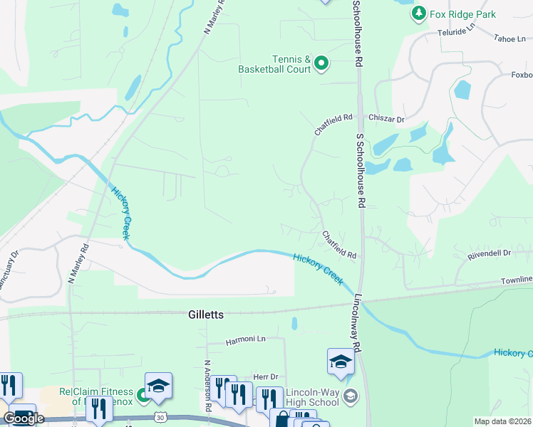 map of restaurants, bars, coffee shops, grocery stores, and more near 1701 Pennington Court in New Lenox
