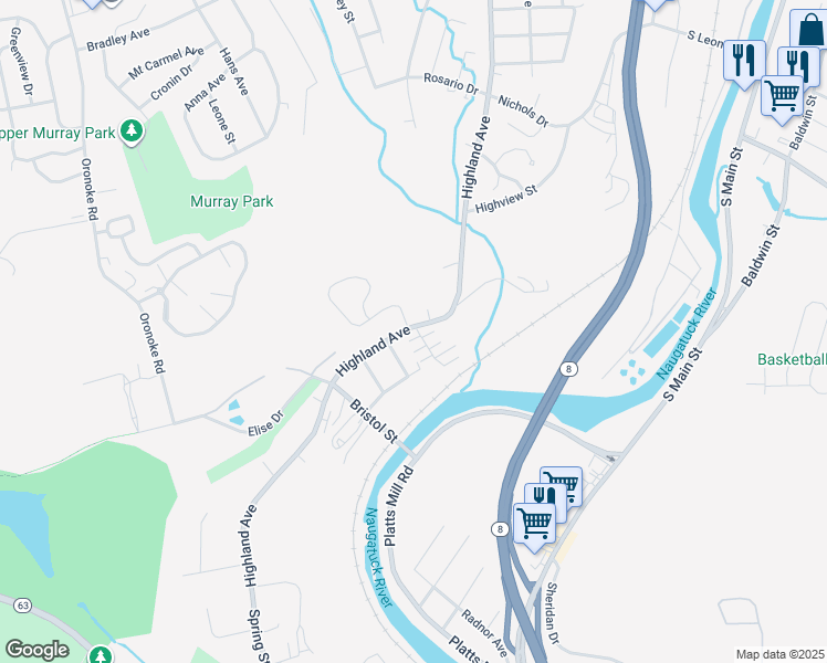 map of restaurants, bars, coffee shops, grocery stores, and more near 1385 Highland Avenue in Waterbury