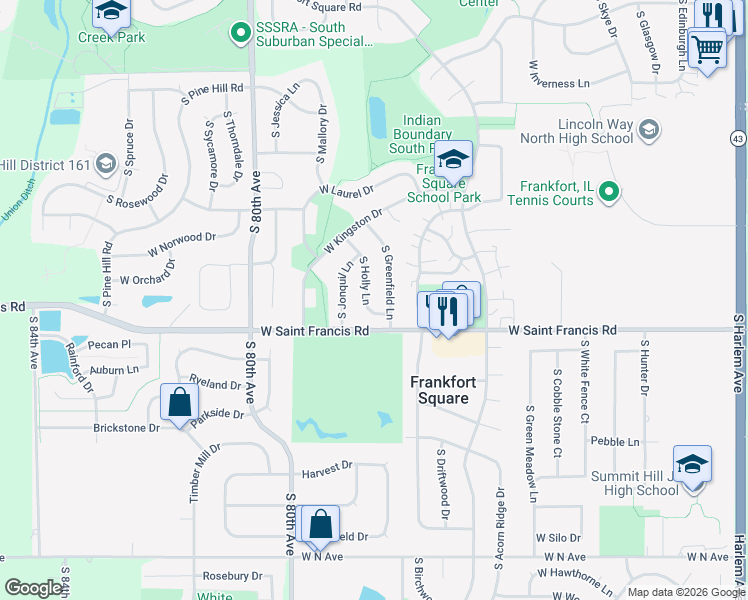 map of restaurants, bars, coffee shops, grocery stores, and more near 20244 South Greenfield Lane in Frankfort