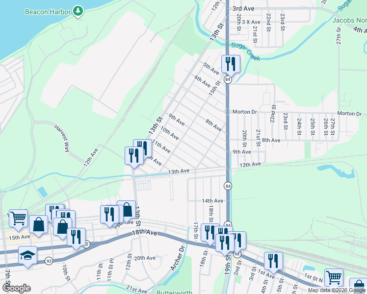 map of restaurants, bars, coffee shops, grocery stores, and more near 1528 10th Avenue in East Moline