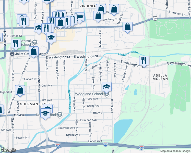 map of restaurants, bars, coffee shops, grocery stores, and more near 122 Baker Avenue in Joliet