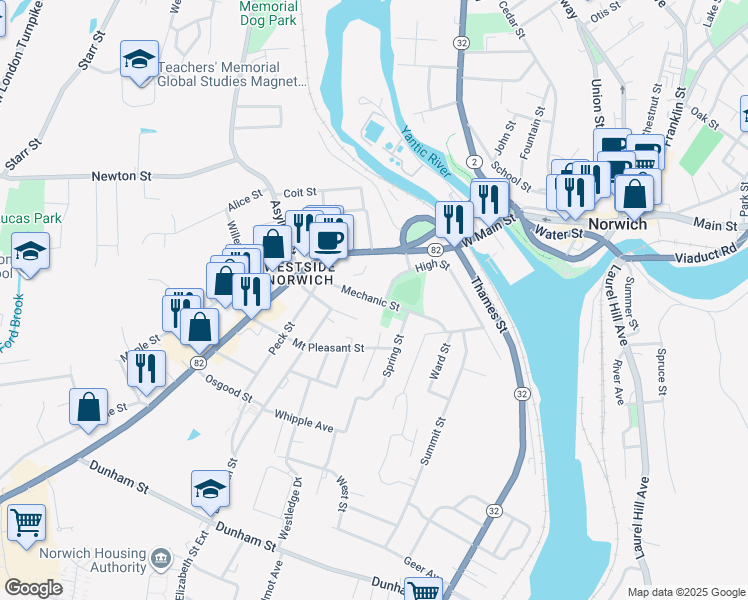 map of restaurants, bars, coffee shops, grocery stores, and more near 16 Mechanic Street in Norwich