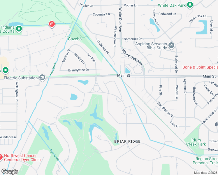 map of restaurants, bars, coffee shops, grocery stores, and more near 1 Inverness Drive in Schererville