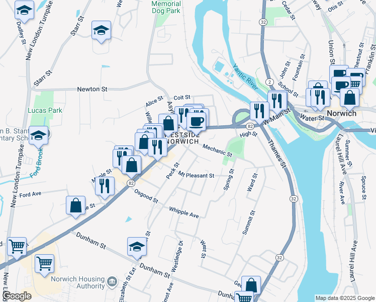 map of restaurants, bars, coffee shops, grocery stores, and more near 2 Peck Street in Norwich