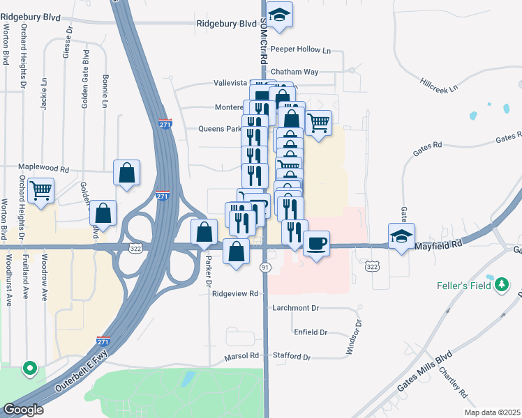 map of restaurants, bars, coffee shops, grocery stores, and more near 1422 Som Center Road in Mayfield Heights