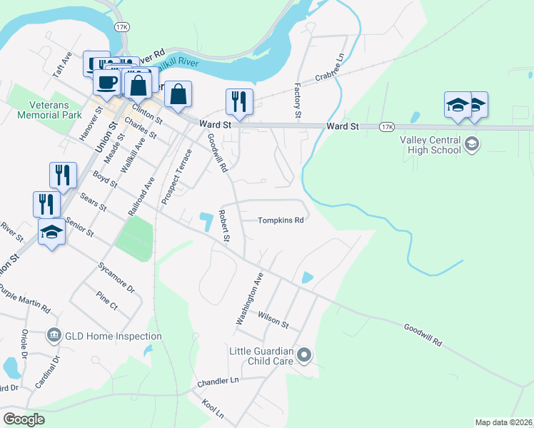 map of restaurants, bars, coffee shops, grocery stores, and more near 252 Tompkins Road in Montgomery