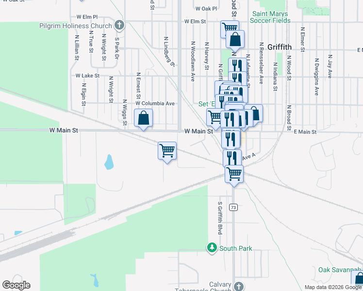 map of restaurants, bars, coffee shops, grocery stores, and more near 111 South Cline Avenue in Griffith