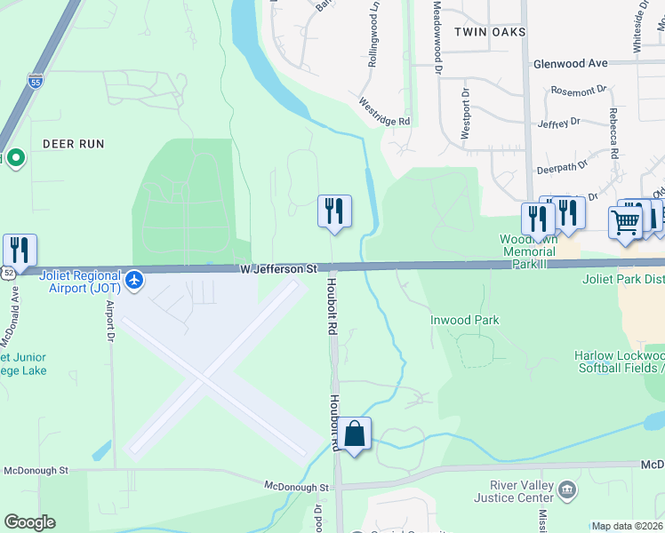 map of restaurants, bars, coffee shops, grocery stores, and more near W Jefferson St & Houbolt Rd in Joliet