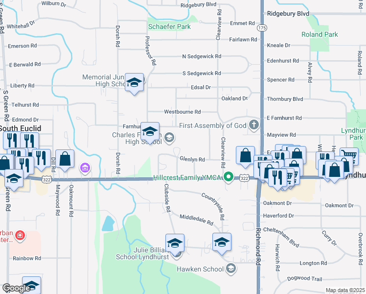 map of restaurants, bars, coffee shops, grocery stores, and more near 4875 Glenlyn Road in Lyndhurst