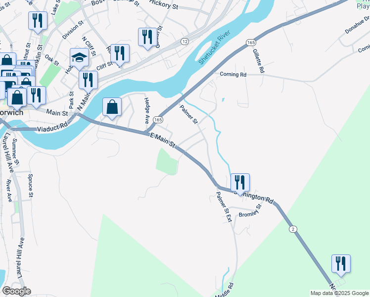 map of restaurants, bars, coffee shops, grocery stores, and more near 598 East Main Street in Norwich