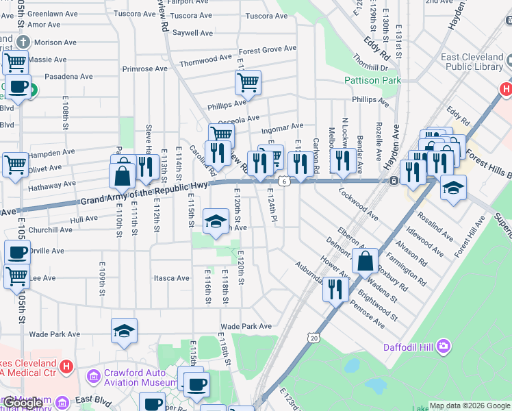 map of restaurants, bars, coffee shops, grocery stores, and more near 1354 East 123rd Street in Cleveland