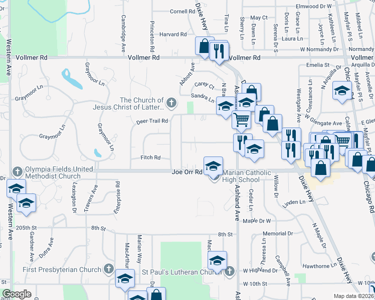map of restaurants, bars, coffee shops, grocery stores, and more near 526 Wood Street in Chicago Heights