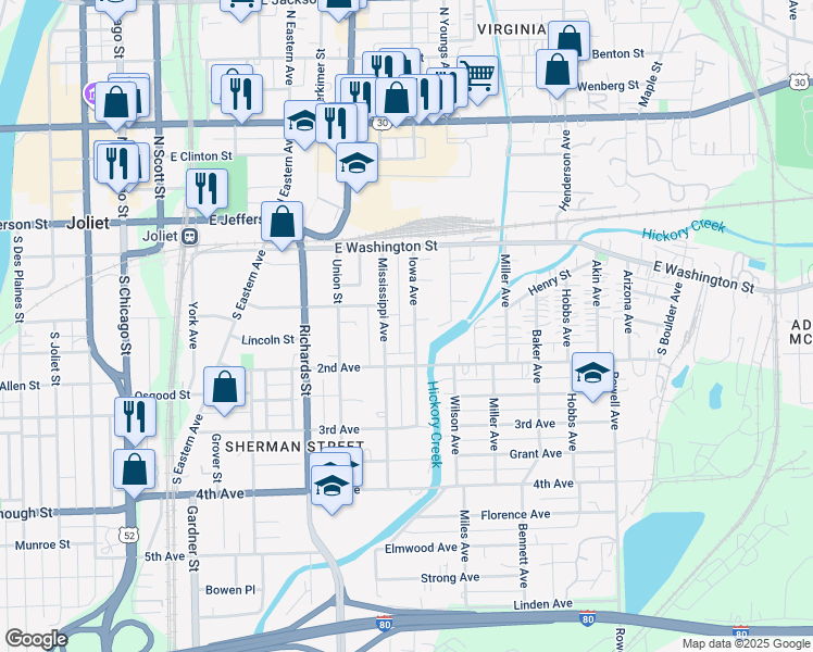 map of restaurants, bars, coffee shops, grocery stores, and more near 114 Mississippi Avenue in Joliet