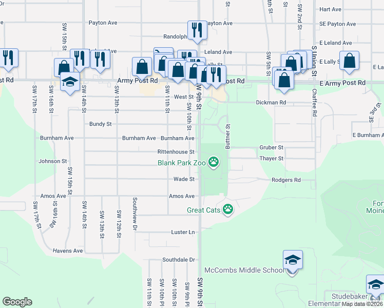 map of restaurants, bars, coffee shops, grocery stores, and more near 6908 Southwest 10th Street in Des Moines