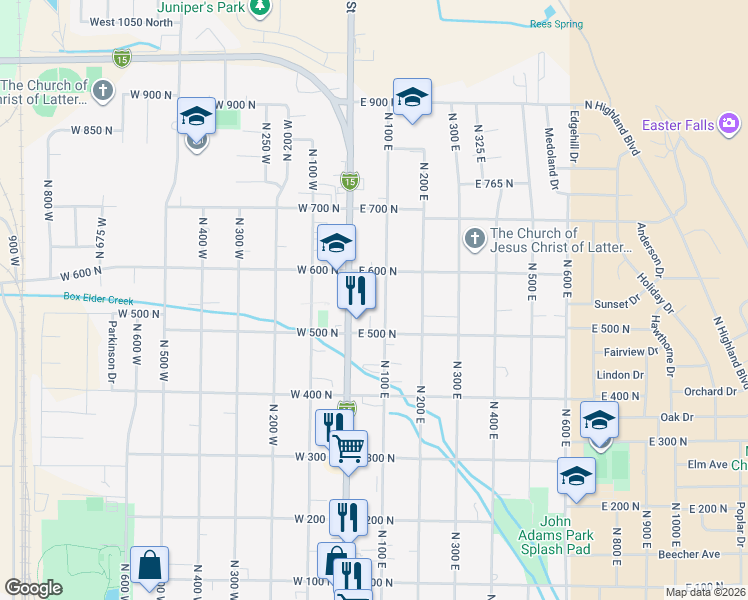 map of restaurants, bars, coffee shops, grocery stores, and more near 539 North 100 East in Brigham City