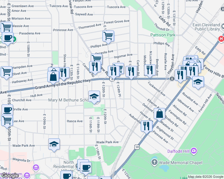 map of restaurants, bars, coffee shops, grocery stores, and more near 1350 East 124th Place in Cleveland