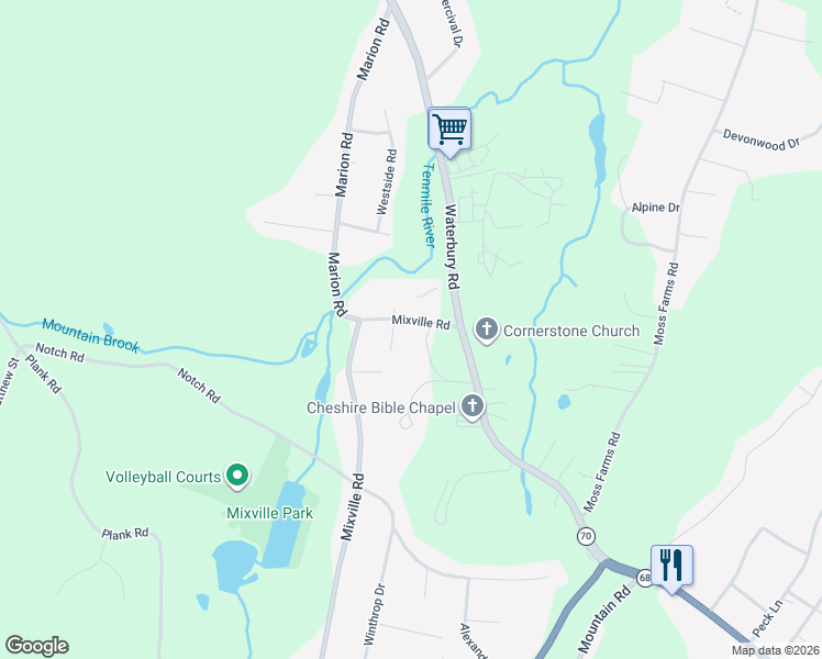 map of restaurants, bars, coffee shops, grocery stores, and more near 642 Mixville Road in Cheshire