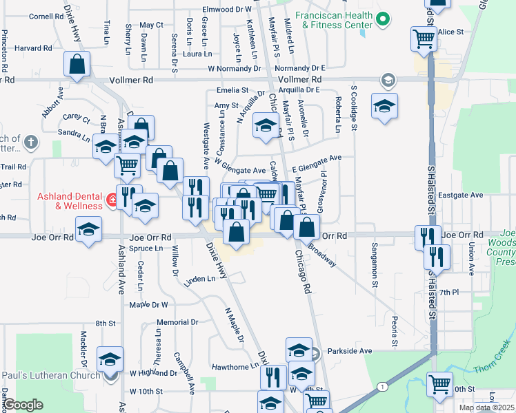 map of restaurants, bars, coffee shops, grocery stores, and more near 126 Strieff Avenue in Chicago Heights